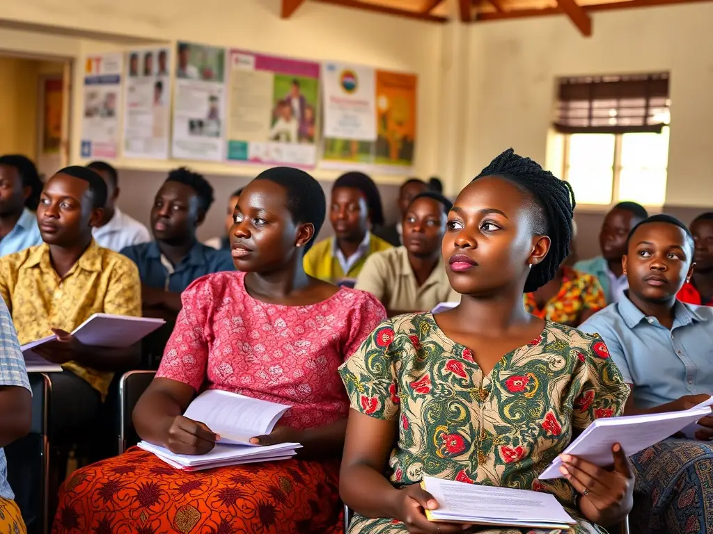 A photograph of a Peepters Extension Clinic seminar in Ghana, with participants actively engaged in learning and empowerment activities, showcasing the clinic's commitment to education and community development.