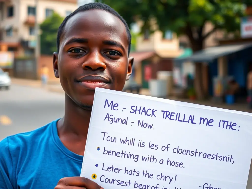 A photograph of a person advocating for mental health awareness in Ghana, holding a sign with supportive messages, reflecting the clinic's commitment to advocacy and community support.