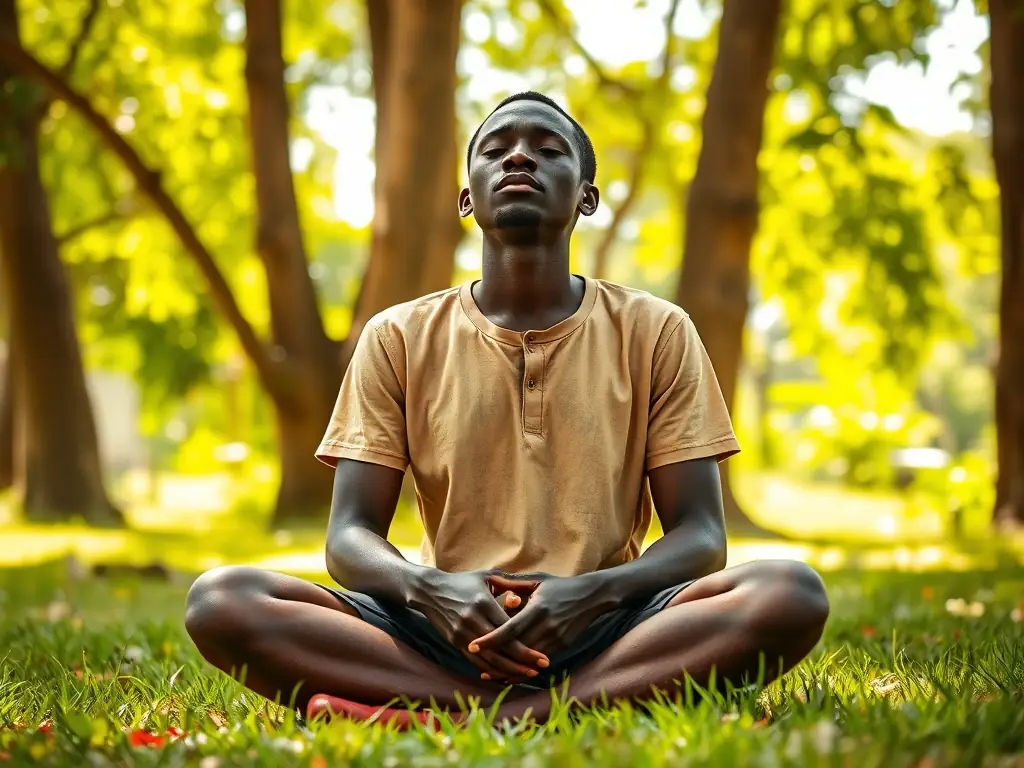 A serene image of a patient at Peepters Extension Clinic in Ghana participating in a mindfulness exercise outdoors, surrounded by lush greenery. The scene emphasizes the holistic approach to treatment and recovery.