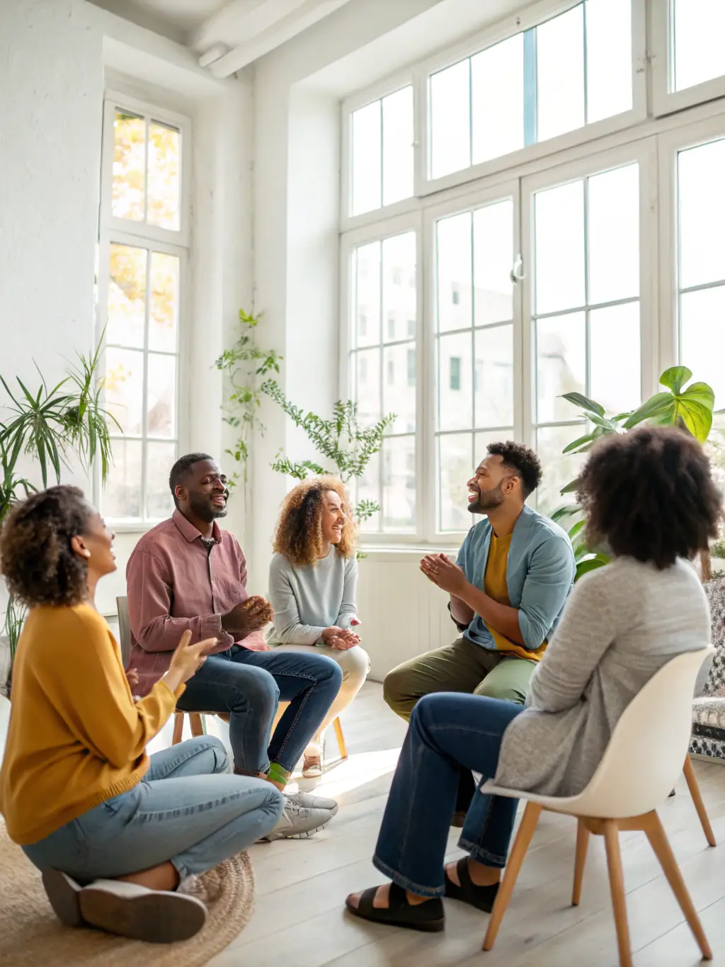 A group of individuals participating in a group therapy session at the Peepters Extension Clinic, facilitated by a therapist, showing support and shared experiences.