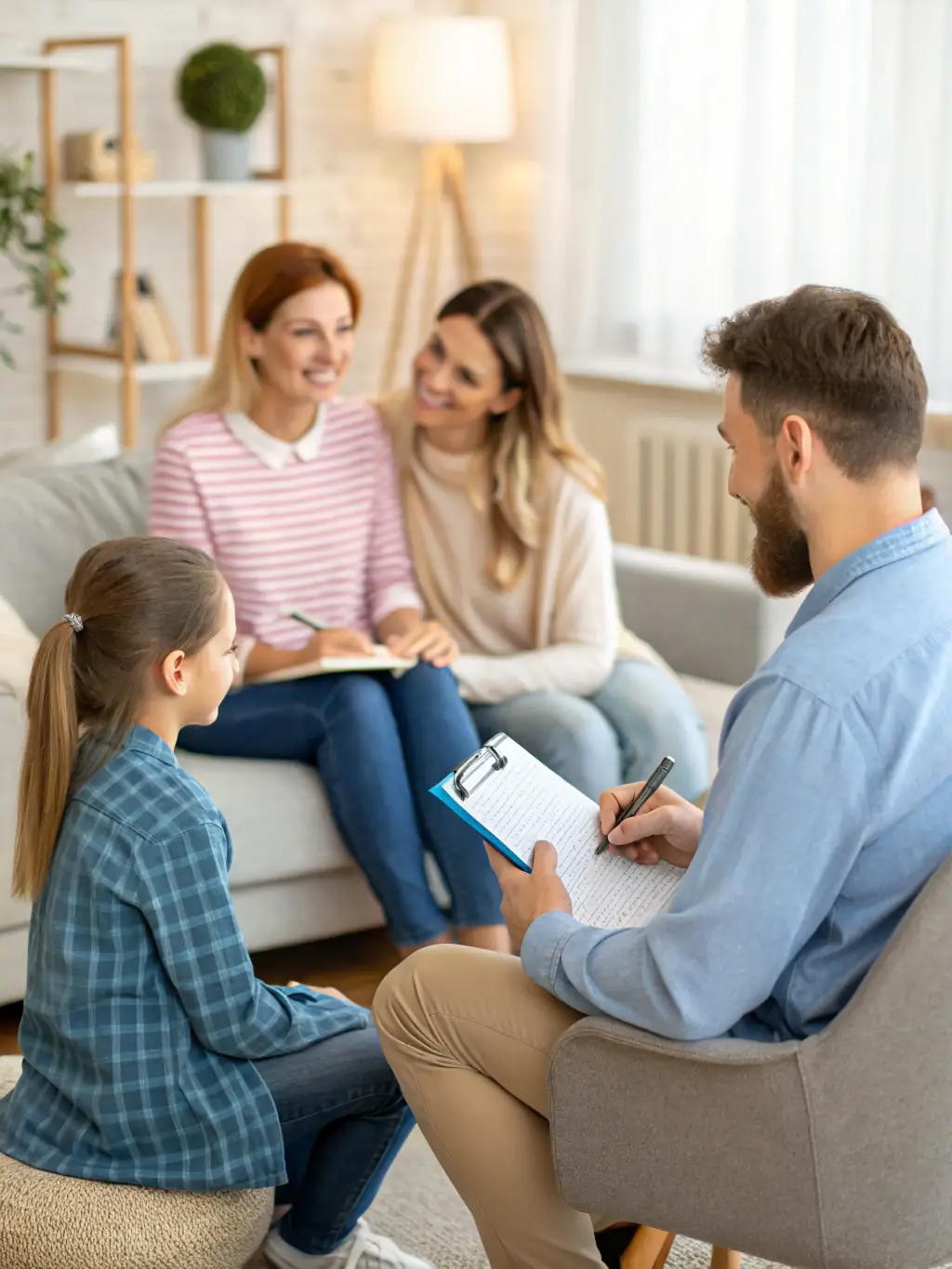 A family therapy session in Ghana, with a therapist guiding the family members to improve communication and resolve conflicts.