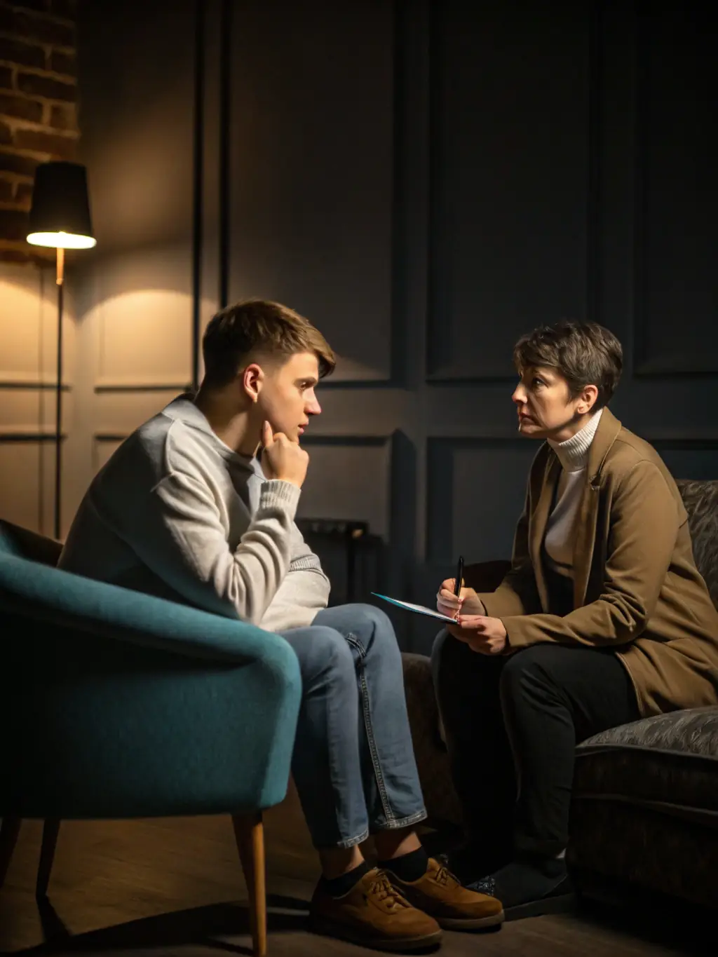 A therapist in Ghana conducting a cognitive behavioral therapy session with a young adult, focusing on identifying and changing negative thought patterns.